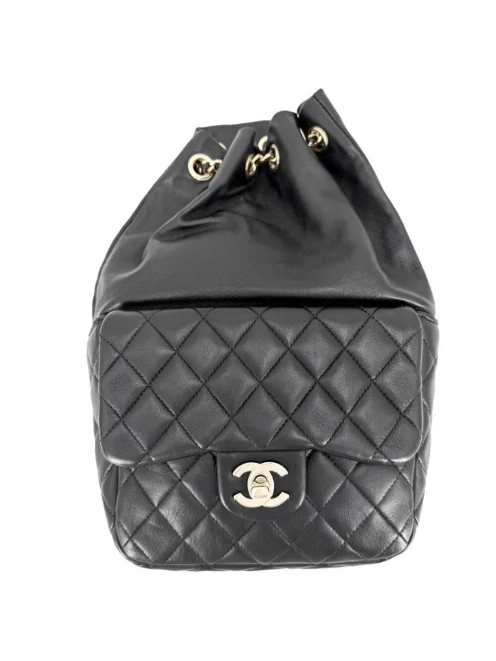 Chanel Backpack CC Logo Quilted Drawstring Leather Black Gold